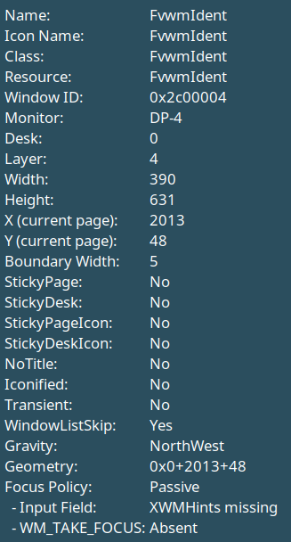 Screen shot of FvwmIdent's output display.
